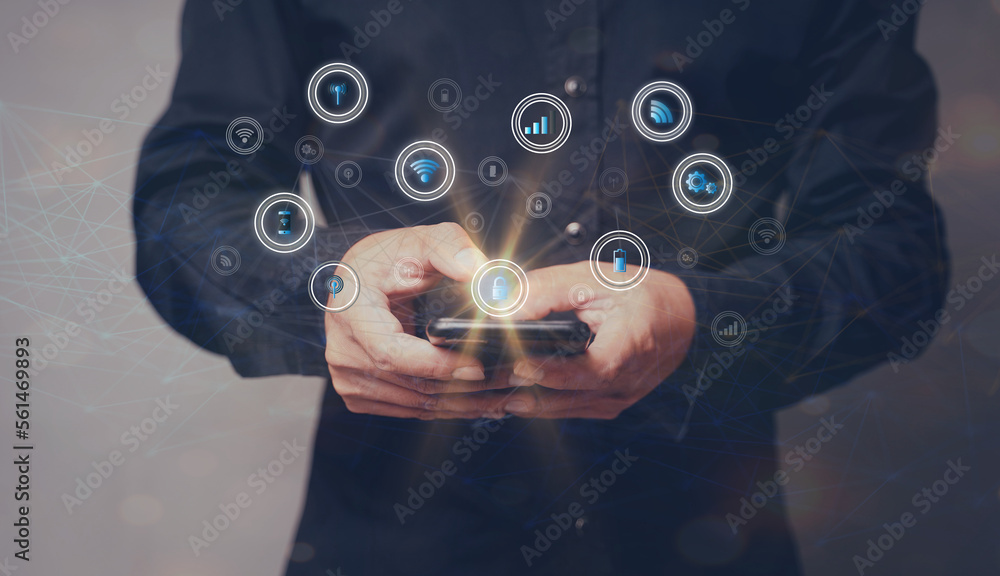 Poster businessman using smartphone mobile technology global internet connection for business and digital m