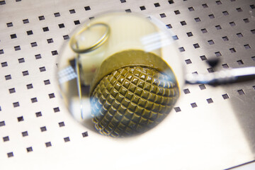 grenade in a magnifying glass close-up
