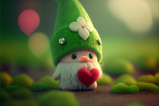 Super cute valentine gnomes with heart in hands, Scandinavian dwarfs with love symbols, Cartoon character gnome in green hat, Generative AI.