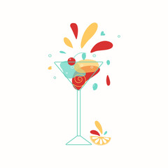 Wine glass.  Bright color illustrations with alcoholic drinks. Cocktail, fruit drink. Martini. Drops and splashes of wine. Vector graphics. 