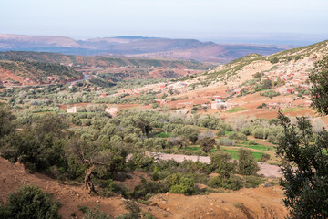 Fototapeta na wymiar Panoramic view of the Atlas Mountains in Morocco and its curved roads