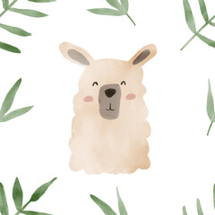 African animals watercolor pattern. Jungle animal lama seamless watercolor background. Hand painted wild animals illustration isolated on white background. Nursery wallart