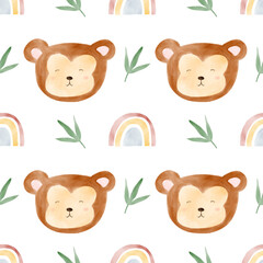 African animals watercolor pattern. Jungle animal monkey seamless watercolor background. Hand painted wild animals illustration isolated on white background. Nursery wallart