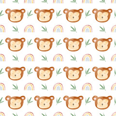 African animals watercolor pattern. Jungle animal monkey seamless watercolor background. Hand painted wild animals illustration isolated on white background. Nursery wallart