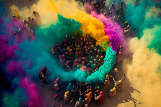 foule vue de dessus pendant la f&ecirc;te d'Holi, ou f&ecirc;te des couleurs en Inde - Illustration g&eacute;n&eacute;r&eacute; par IA