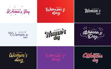 Happy Women's Day greeting card template with hand-lettering text design creative typography suitable for holiday greetings; vector illustration