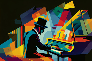Afro-American male jazz musician pianist playing a piano in an abstract cubist style painting for a poster or flyer, computer Generative AI stock illustration - obrazy, fototapety, plakaty