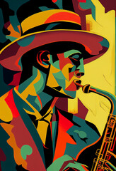 Afro-American male jazz musician saxophonist playing a saxophone in an abstract cubist style painting for a poster or flyer, computer Generative AI stock illustration - obrazy, fototapety, plakaty