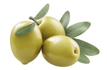 Close-up of green olives with olive leaves, cut out