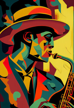 Afro-American male jazz musician saxophonist playing a saxophone in an abstract cubist style painting for a poster or flyer, computer Generative AI stock illustration