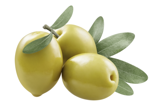 Close-up of green olives with olive leaves, cut out