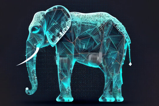 Neural network of an elephant with big data and artificial intelligence circuit board in the body of the animal, outlining concepts of a digital brain, computer Generative AI stock illustration photo