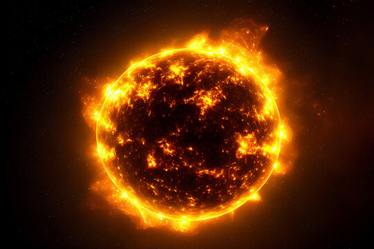 Molten surface of the sun with a solar flare from the star producing plasma and radiation activity into outa space causing ultraviolet rays, computer Generative AI stock illustration image