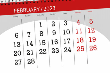 Calendar 2023, deadline, day, month, page, organizer, date, february