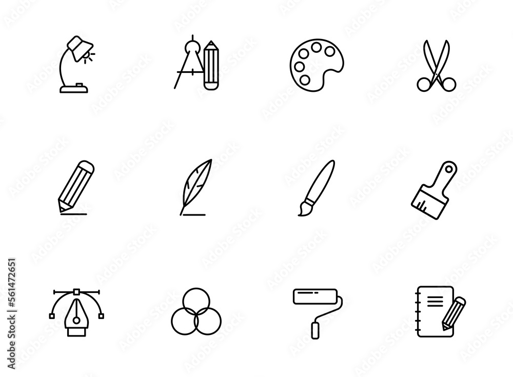 Poster art tools outline icons isolated on white background. art tools line icons for web and ui design, mo