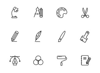art tools outline icons isolated on white background. art tools line icons for web and ui design, mobile apps, print polygraphy and promo advertising business