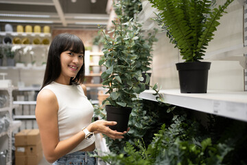 Planting and shopping. Young Asian woman chooses indoor plants and pots in store or garden center. The lady holds a pot in her hands, looks into the camera.