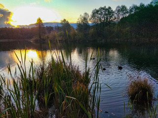 Dawn of the sun on a blue lake in Kazan.