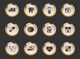 healthcare gold-rimmed vector icons on dark background. healthcare icons in gold frame for web, mobile and ui design