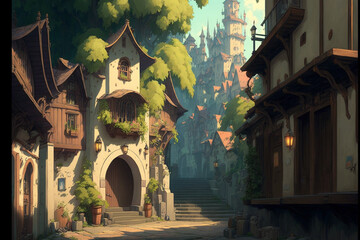 street in the town Superb anime-styled and DnD environment	