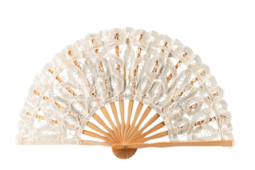 white lace cotton fan on a wooden base isolated on a transparent background