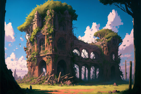 landscape with ruined castle Superb anime-styled and DnD environment