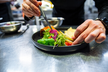 chef hand preparing Meat Pie with mashed potato and salad on restaurant kitchen