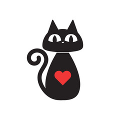 Cute Cartoon Black cat with heart on white backgroud, valentine's cats stickers.