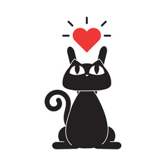 Cute Cartoon Black cat with heart on white backgroud, valentine's cats stickers.