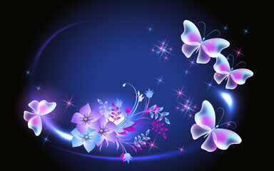 Glowing fairytale neon round frame with magical transparent butterflies and flowers. Abstract fantastic background.