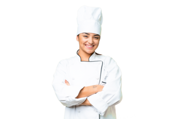 Young woman Chef over isolated chroma key background keeping the arms crossed in frontal position