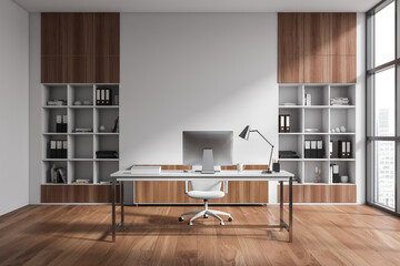 Light office interior with armchair and table, cabinet and panoramic window - obrazy, fototapety, plakaty