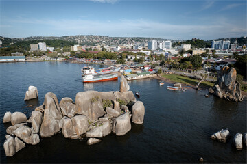 19.12.2022 - Mwanza, Tanzania - Aerial drone view to lake Victoria and enormous rocks by the shore