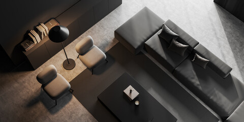 Top view of grey relaxing interior with couch, armchairs and decoration
