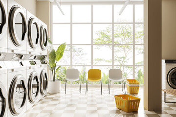 Light laundry interior with washing machines and chairs near panoramic window - obrazy, fototapety, plakaty