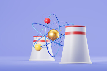 Atom and nuclear power plant on blue background