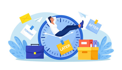 Procrastination or project deadline. Lazy business woman sitting on clock hands, dreaming and procrastinating instead of working. Productivity and efficiency in work. Postpone tasks to do later - obrazy, fototapety, plakaty