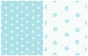 Simple Seamless Vector Patterns with Dog Paws Tracks on a Pastel Blue and Light Blue Background. Simple Little Puppy Paws Print ideal for Fabric, Textile, Wrapping Paper, Dog Lovers.