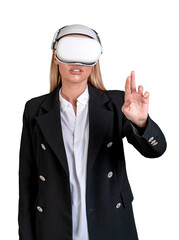 Businesswoman wearing vr glasses, fingers touch isolated over white background