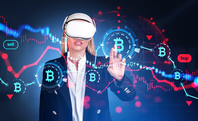Businesswoman in vr glasses, finger touching red bitcoin chart with candlesticks