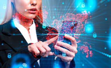 Businesswoman finger touch smartphone, world map and cyberattack hologram