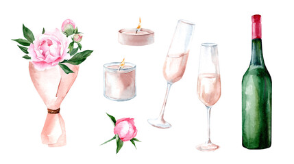 Romantic dinner. Champagne, a bouquet of flowers and candles. Set of watercolor illustrations for Valentine's Day - obrazy, fototapety, plakaty