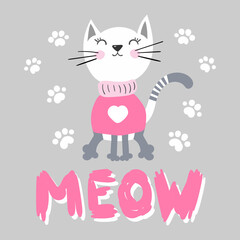 Cute cat print with paw and pink phrase lovely meow vector illustration. Children's design poster