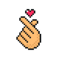 Finger heart gesture icon in pixel style. Love symbol, isolated on white background vector sign