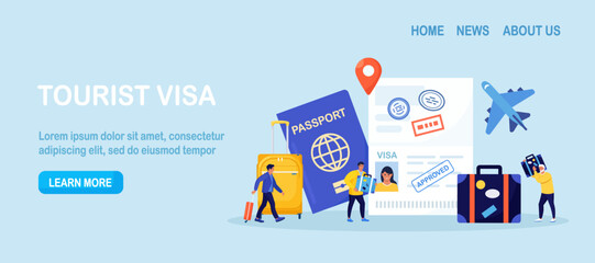 Travel abroad. International vacation or emigration procedure. Opened passport with valid visa stamps. People getting document for leaving country. Vacation trip offer. Journey and tourism concept.