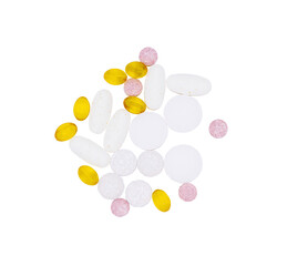 Drugs and vitamins in tablets and capsules on a transparent background.