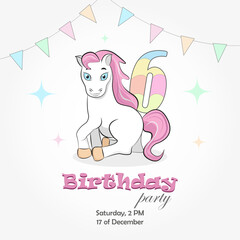 Invitation to a birthday party of 6 years old with a pony, holiday flags and the number 6. Vector illustration