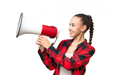 Young Arab woman over isolated background shouting through a megaphone to announce something