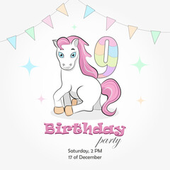 Invitation to a birthday party of 9 years old with a pony, holiday flags and the number 9. Vector illustration