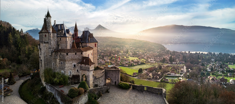 Sticker Most beautiful medieval castles of France - Menthon located near lake Annecy. aerial view